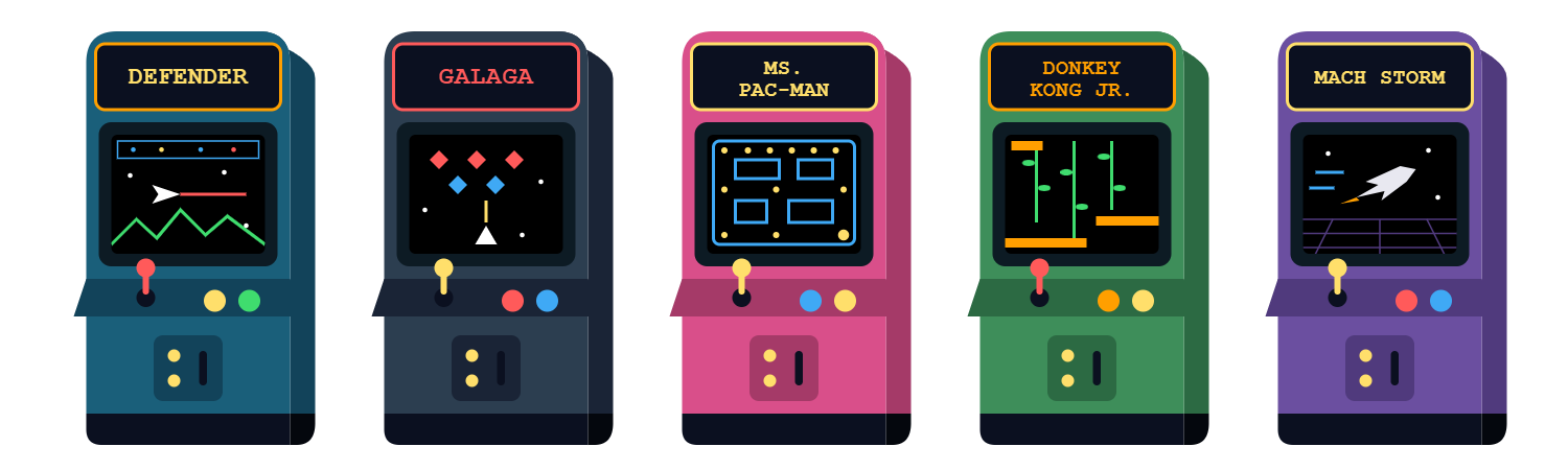 Five retro arcade cabinets: Defender, Galaga, Ms. Pac-Man, Donkey Kong Jr., and Mach Storm